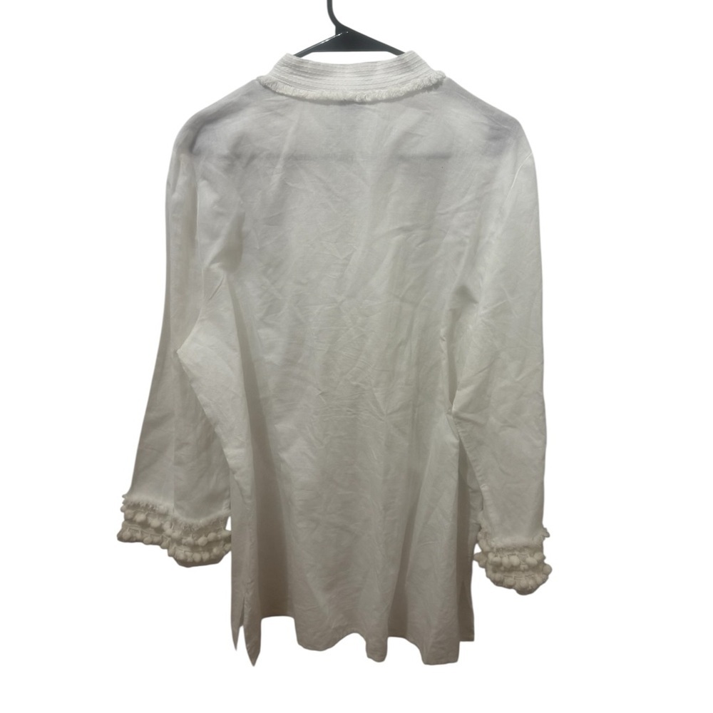 Chico’s Linen Prince Embellished Kurta Tunic Top White Pom Pom Trim Size 16/18 - Picture 3 of 5